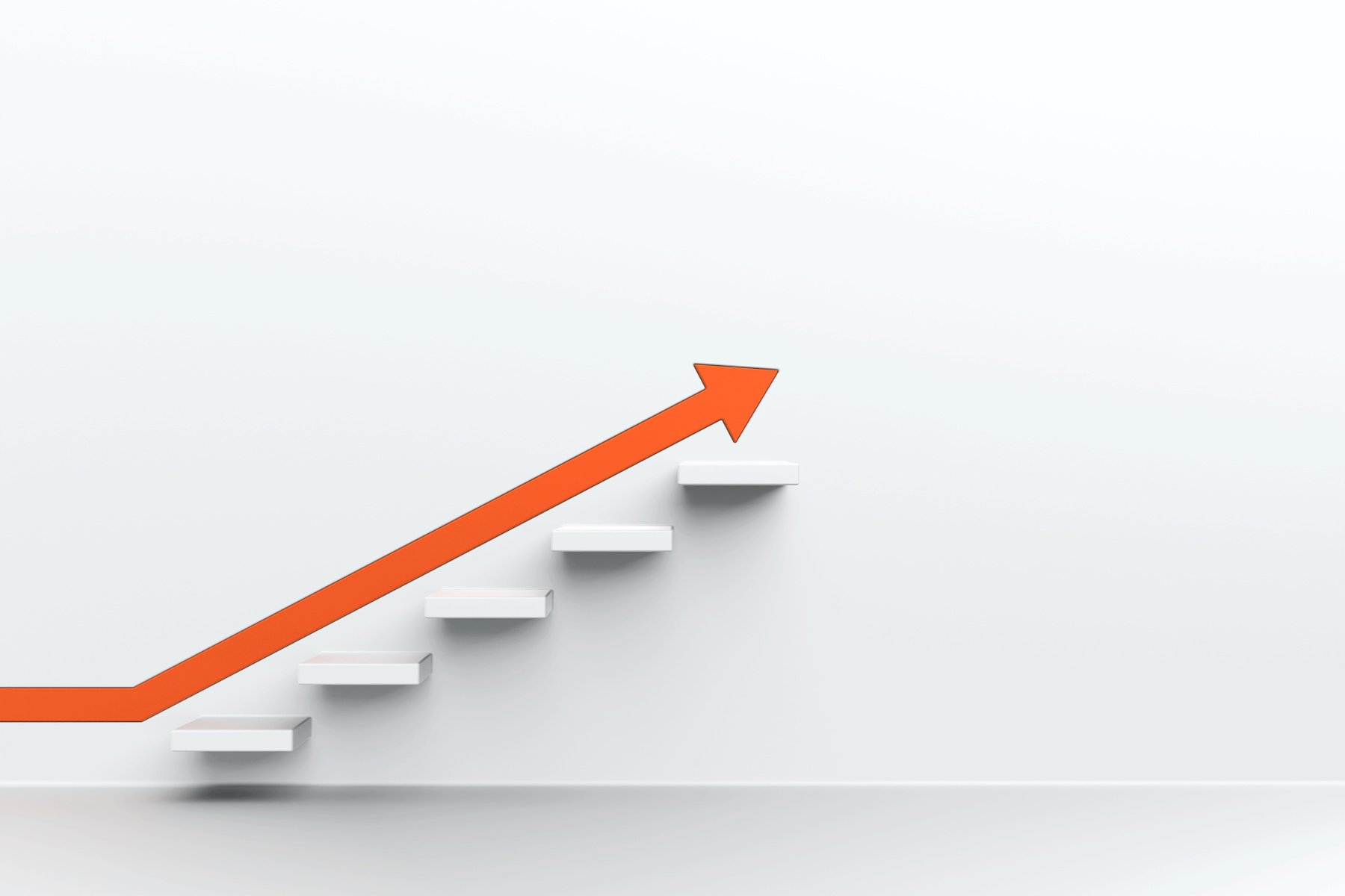 Orange arrow with white stair on white wall background, 3D arrow climbing up over a staircase , 3d rendering