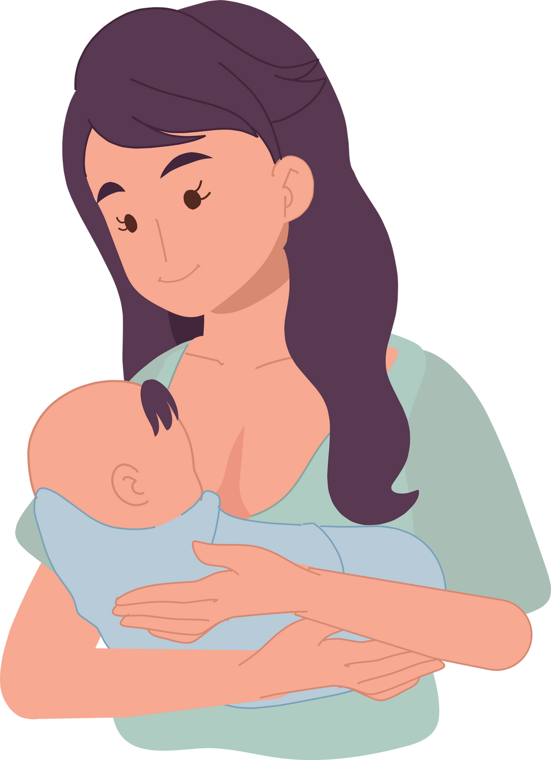 Breastfeeding cincept. Mom holds the baby in her arms and feeds with breast milk.
